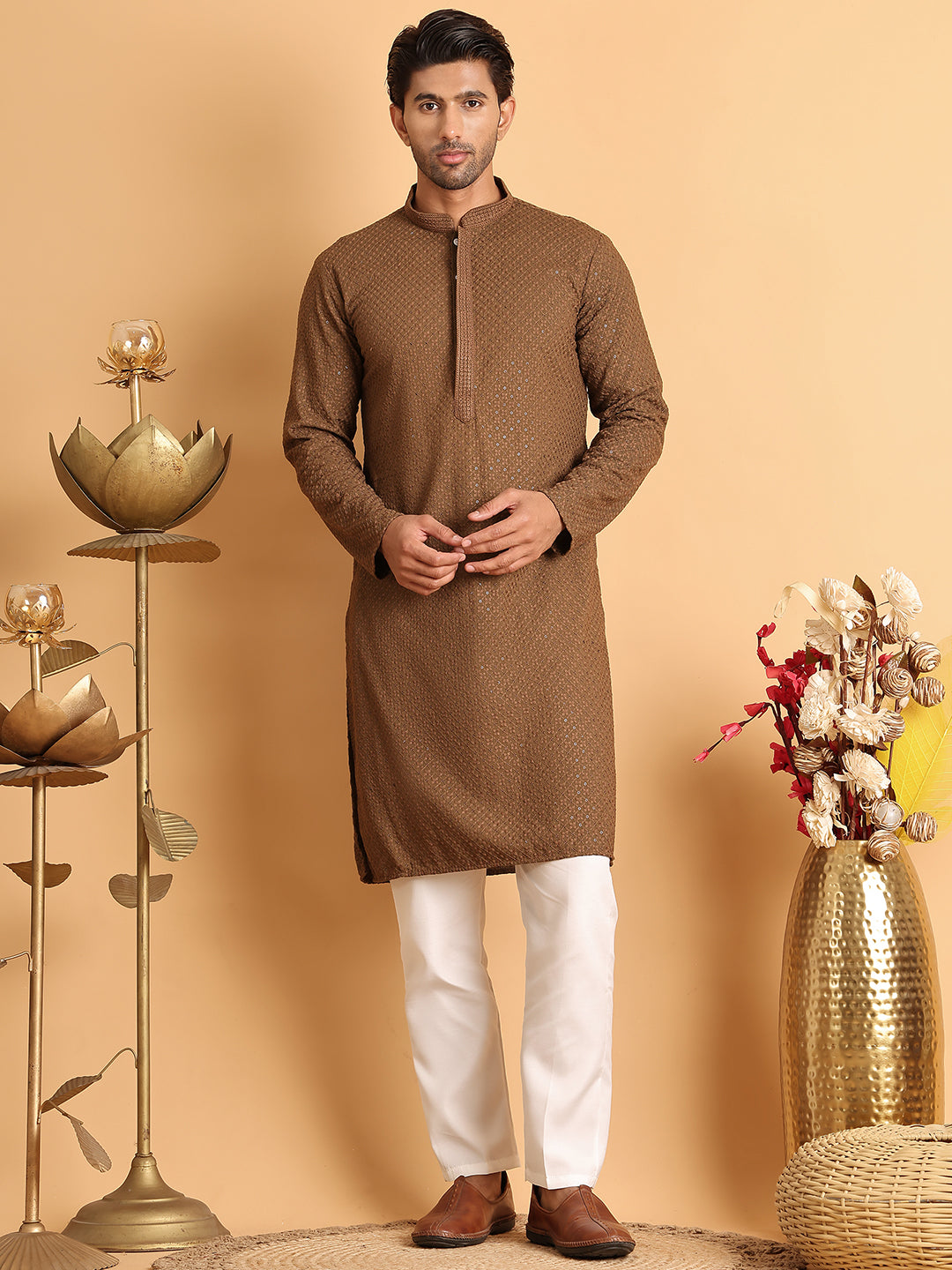Sequins & Embroidered Viscose Kurta Set For Men ( JOKP P 5113Brown )