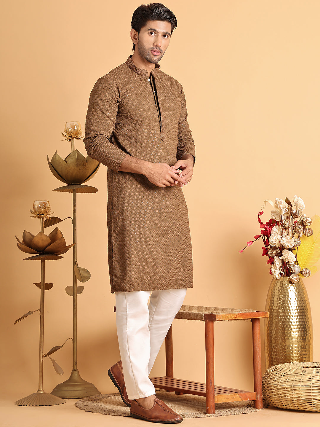Sequins & Embroidered Viscose Kurta Set For Men ( JOKP P 5113Brown )