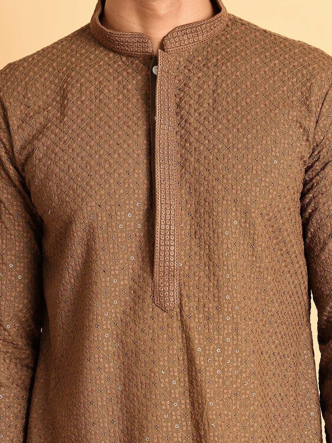 Sequins & Embroidered Viscose Kurta Set For Men ( JOKP P 5113Brown )