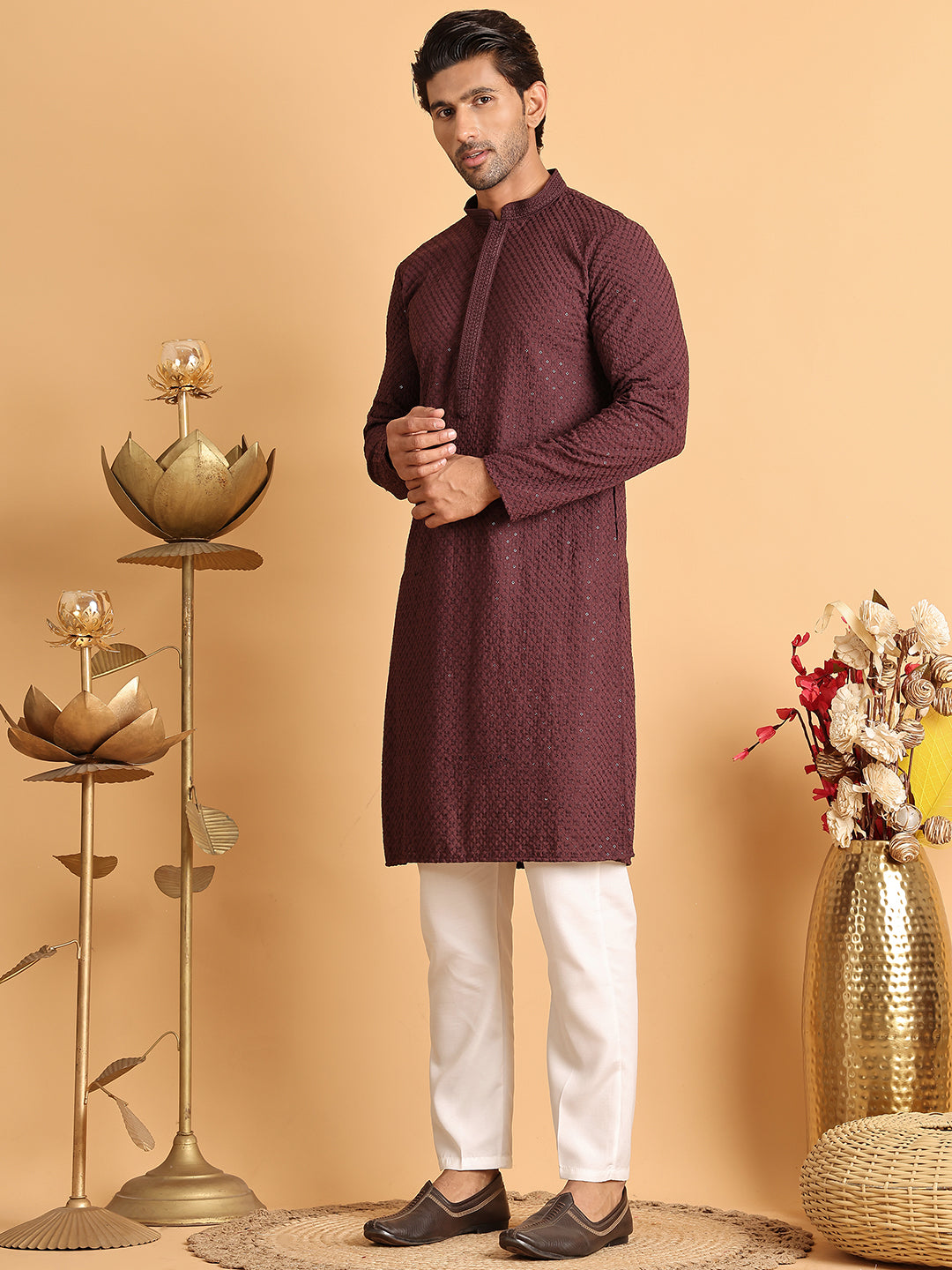 Sequins & Embroidered Viscose Kurta Set For Men ( JOKP P 5113Purple )
