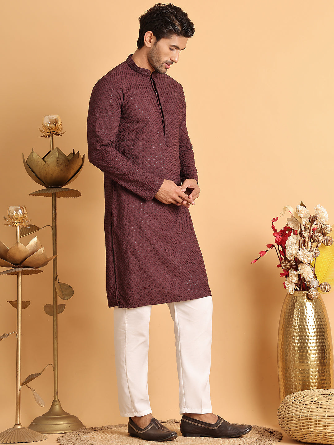 Sequins & Embroidered Viscose Kurta Set For Men ( JOKP P 5113Purple )