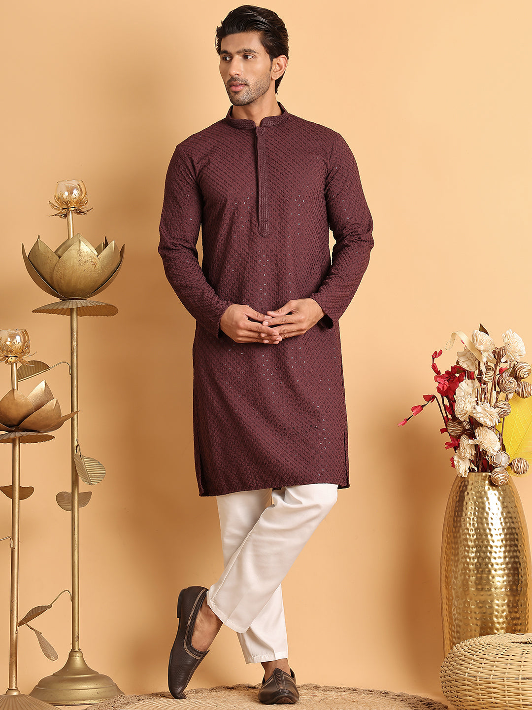 Sequins & Embroidered Viscose Kurta Set For Men ( JOKP P 5113Purple )