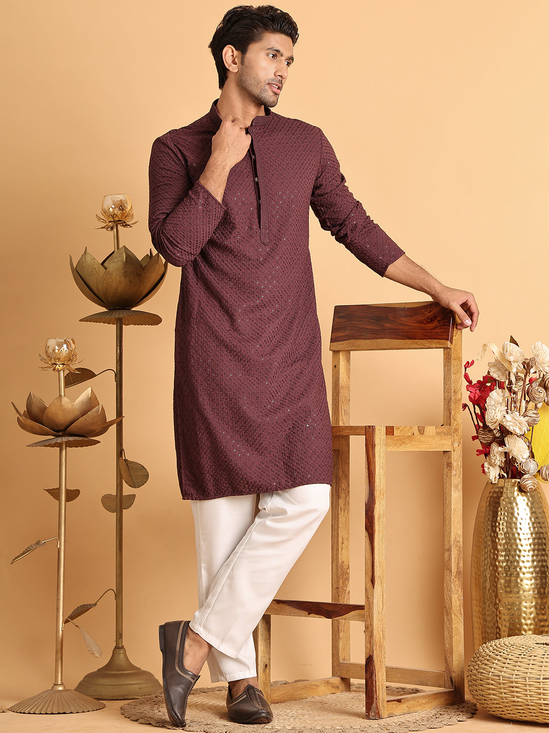 Sequins & Embroidered Viscose Kurta Set For Men ( JOKP P 5113Purple )
