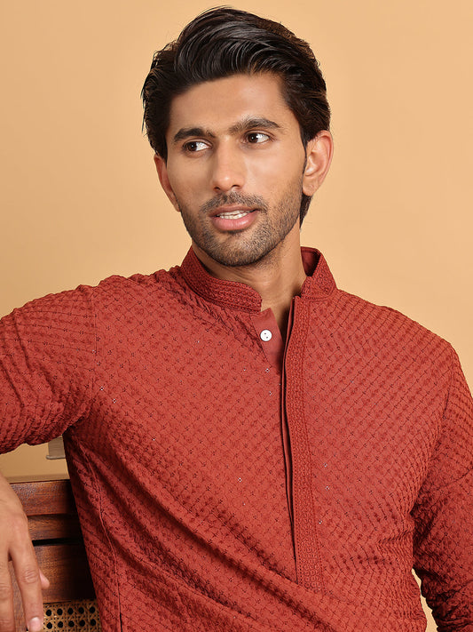 Sequins & Embroidered Viscose Kurta Set For Men ( JOKP P 5113Rust )