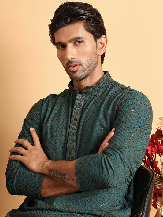 Sequins & Embroidered Viscose Kurta Set For Men ( JOKP P 5113Sea-Green )