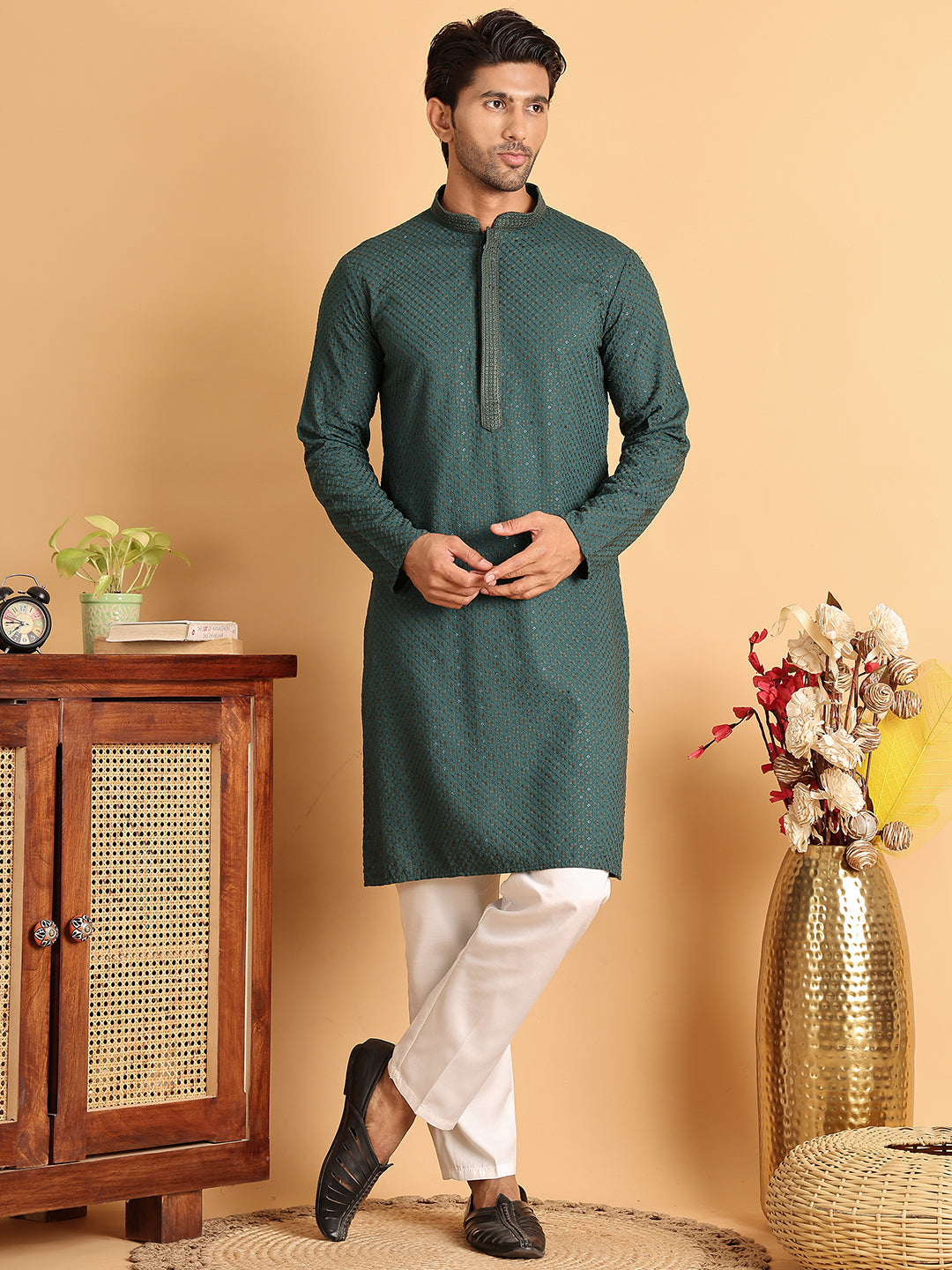 Sequins & Embroidered Viscose Kurta Set For Men ( JOKP P 5113Sea-Green )