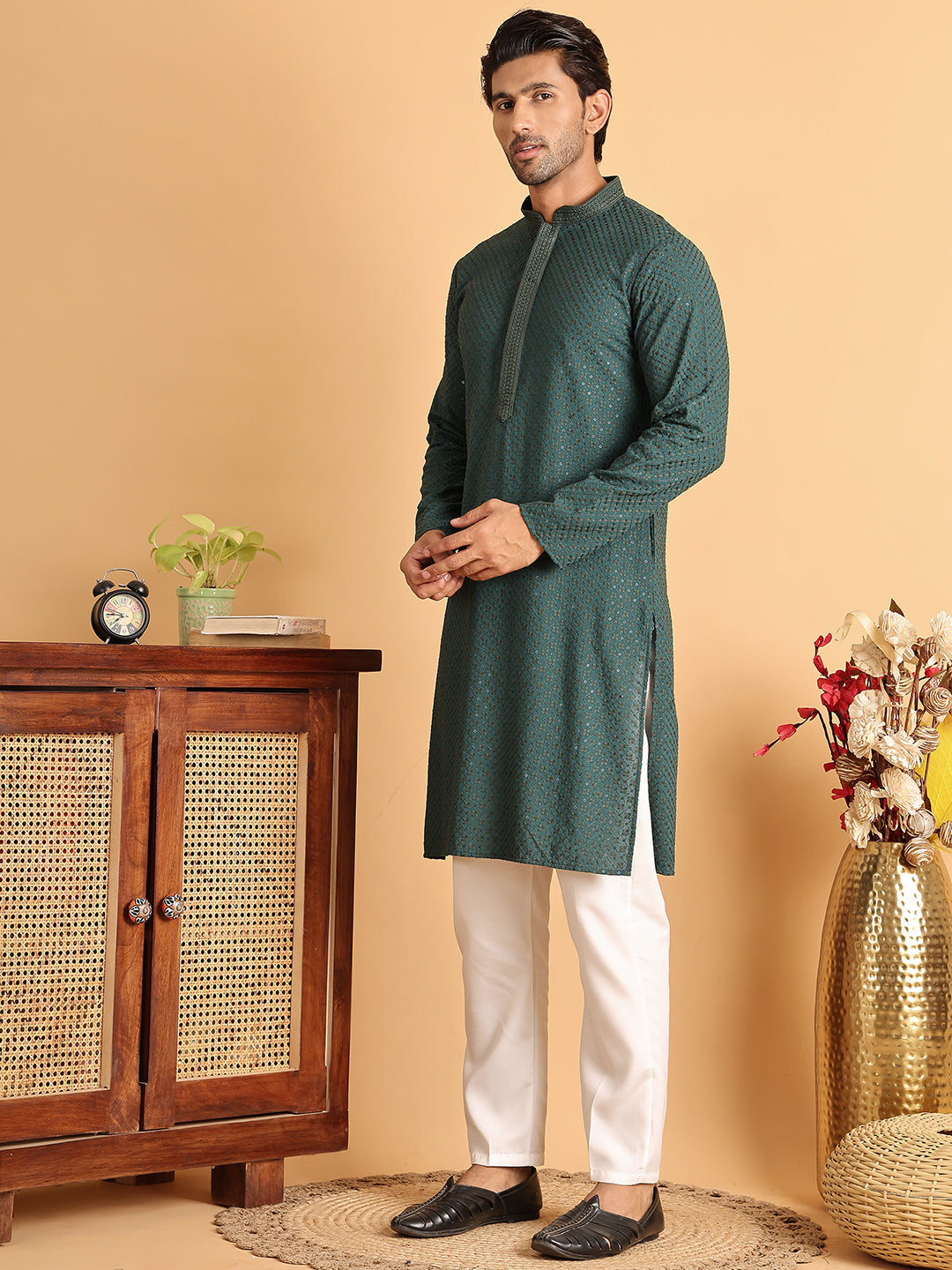 Sequins & Embroidered Viscose Kurta Set For Men ( JOKP P 5113Sea-Green )