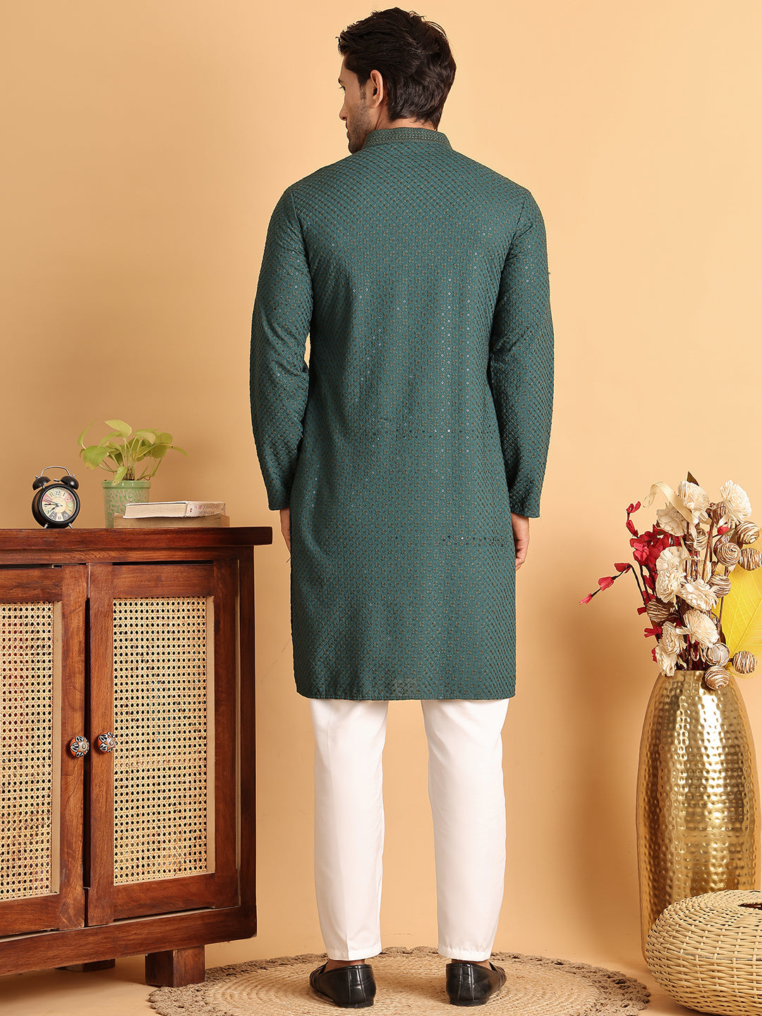 Sequins & Embroidered Viscose Kurta Set For Men ( JOKP P 5113Sea-Green )