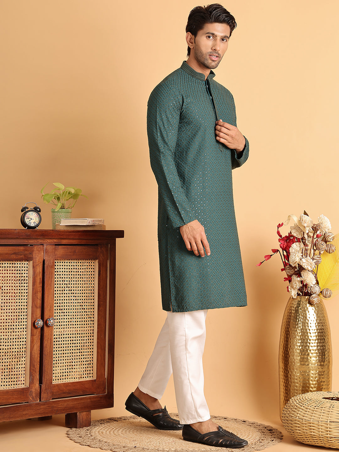 Sequins & Embroidered Viscose Kurta Set For Men ( JOKP P 5113Sea-Green )