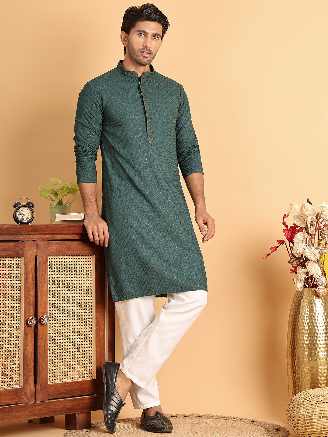 Sequins & Embroidered Viscose Kurta Set For Men ( JOKP P 5113Sea-Green )