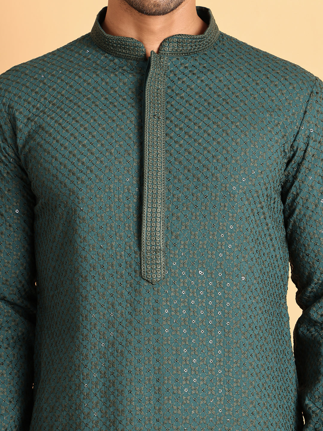 Sequins & Embroidered Viscose Kurta Set For Men ( JOKP P 5113Sea-Green )
