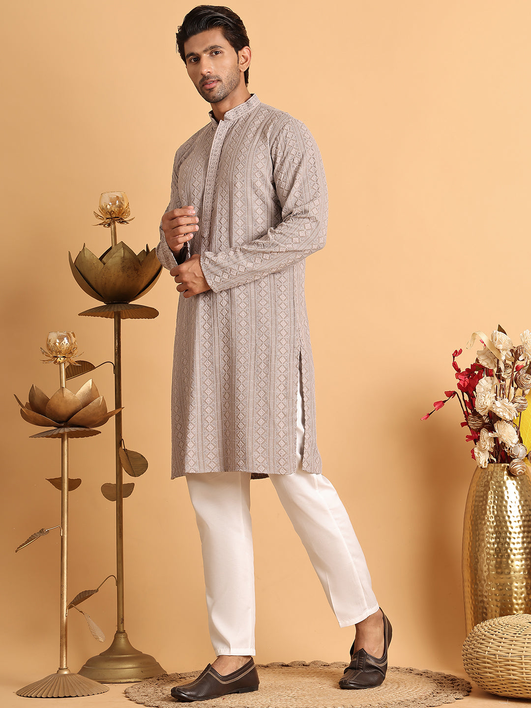 Embroidered & Sequins Straight Kurta Set For Men ( JOKP P 5116Beige )
