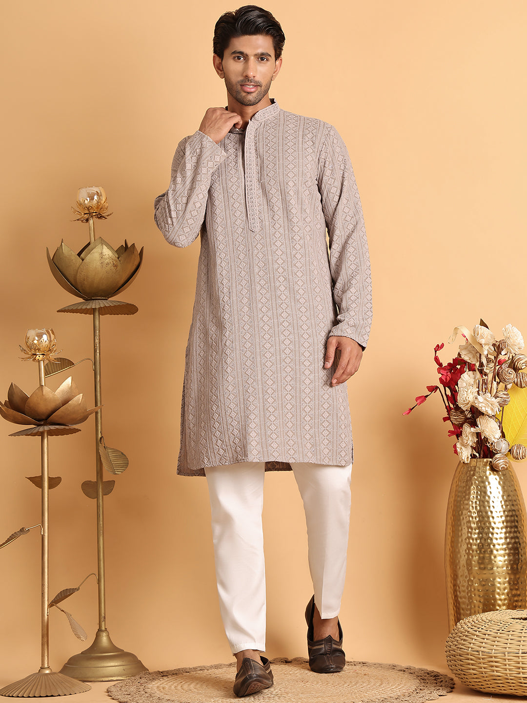 Embroidered & Sequins Straight Kurta Set For Men ( JOKP P 5116Beige )