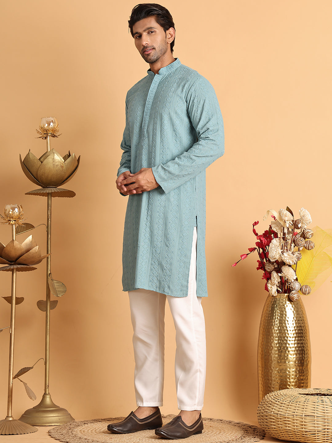 Embroidered & Sequins Straight Kurta Set For Men ( JOKP P 5116Blue )