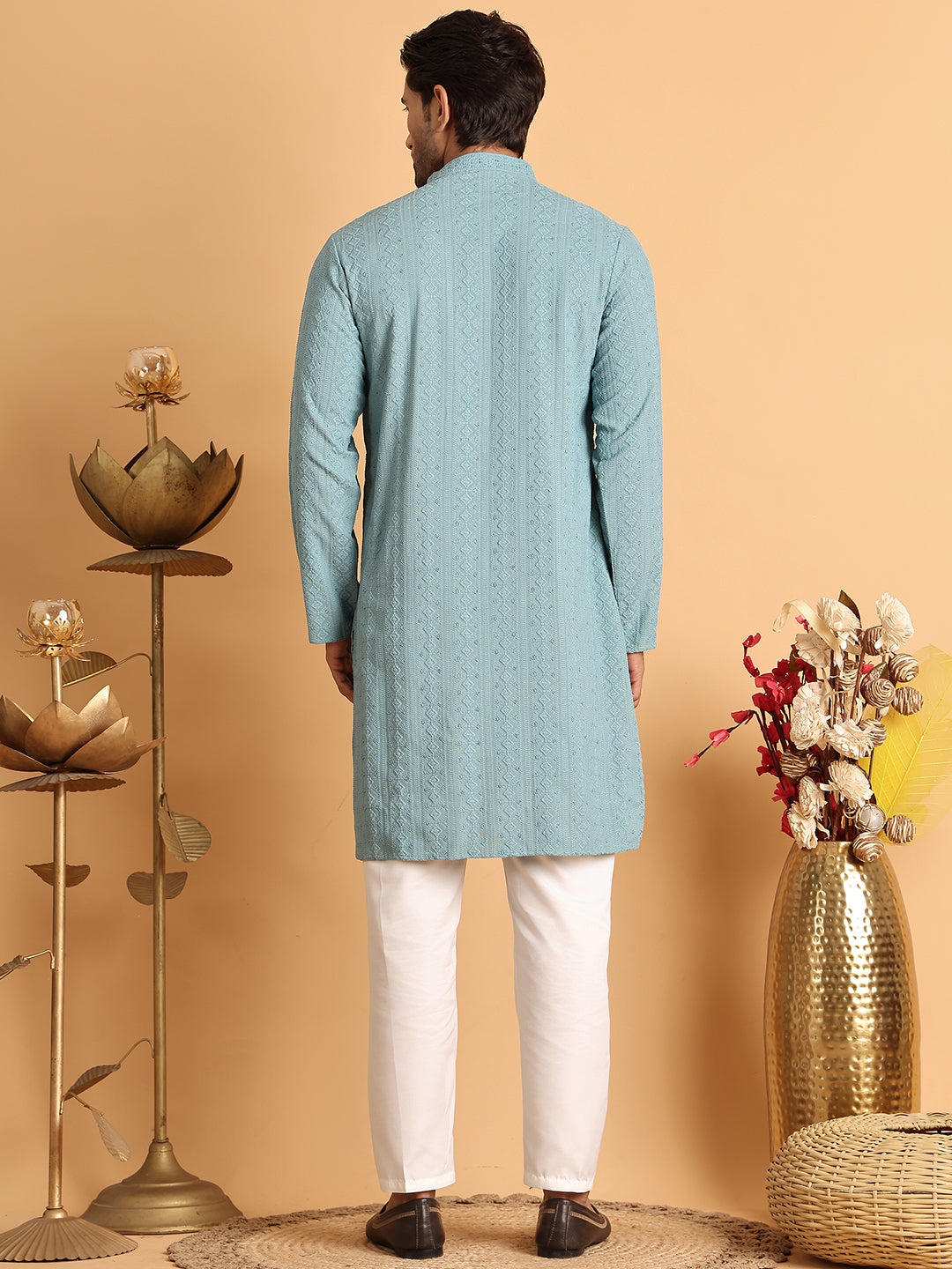 Embroidered & Sequins Straight Kurta Set For Men ( JOKP P 5116Blue )