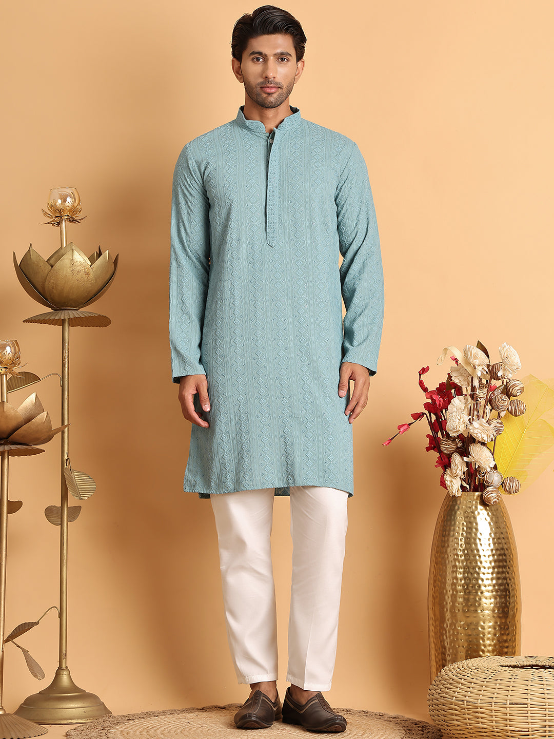 Embroidered & Sequins Straight Kurta Set For Men ( JOKP P 5116Blue )