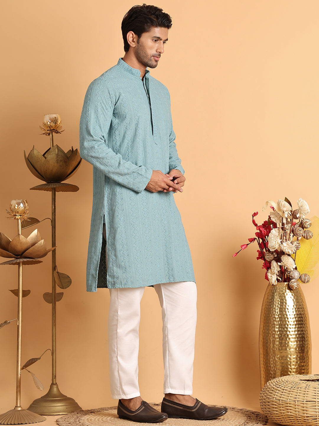 Embroidered & Sequins Straight Kurta Set For Men ( JOKP P 5116Blue )