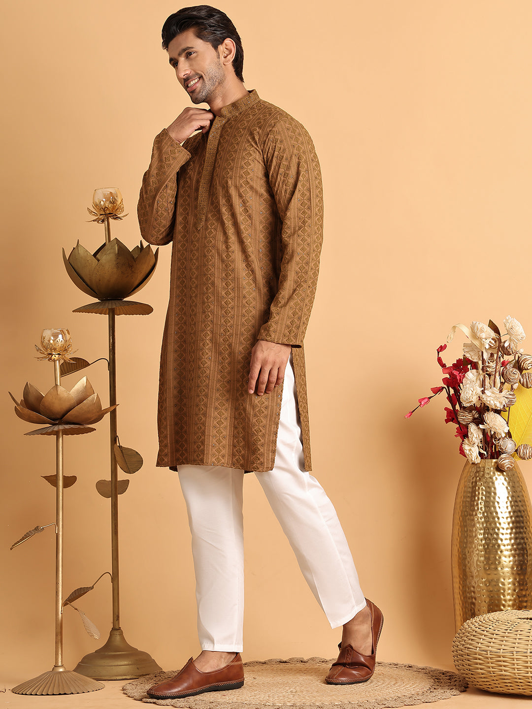 Embroidered & Sequins Straight Kurta Set For Men ( JOKP P 5116Brown )