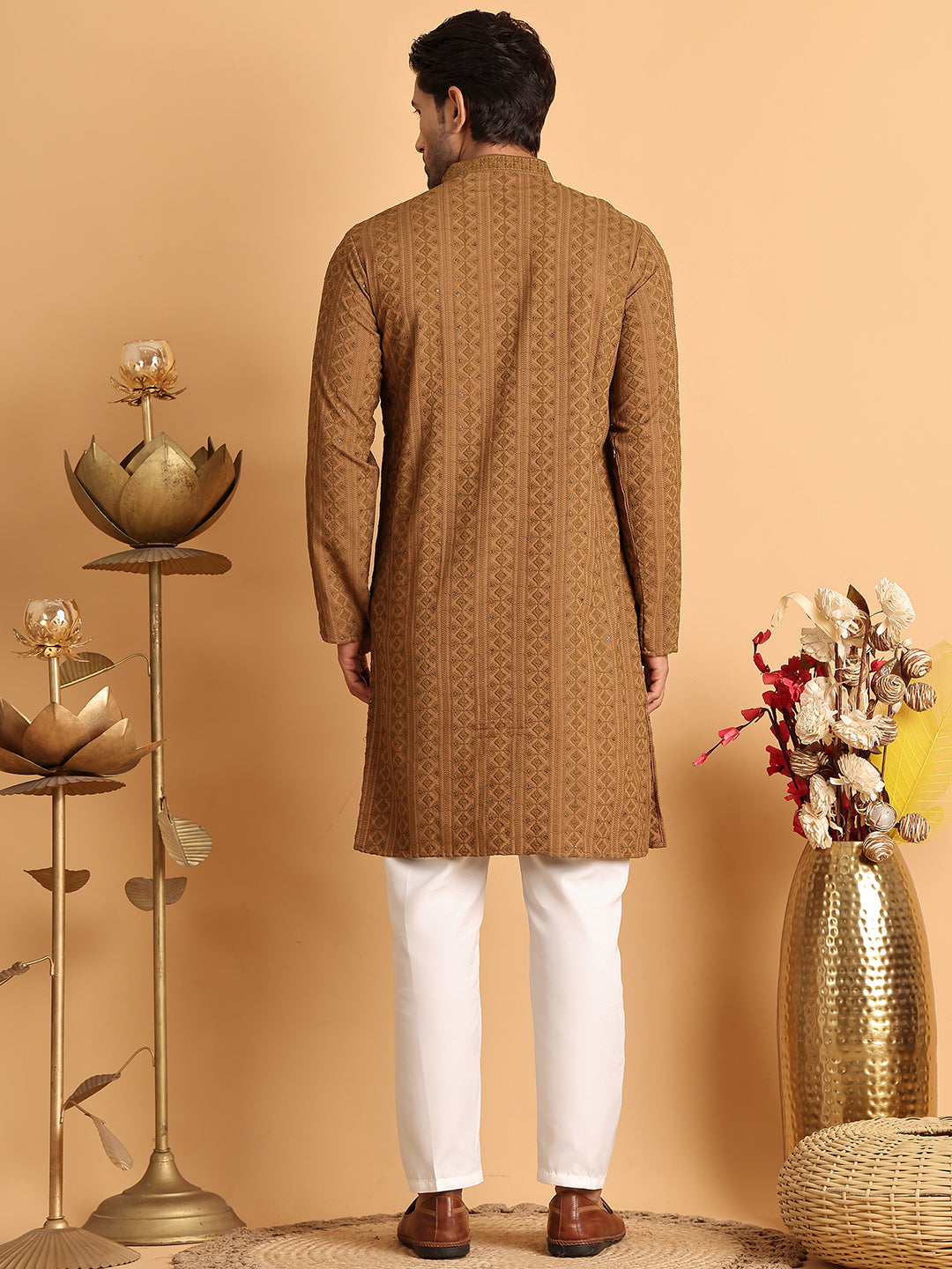 Embroidered & Sequins Straight Kurta Set For Men ( JOKP P 5116Brown )