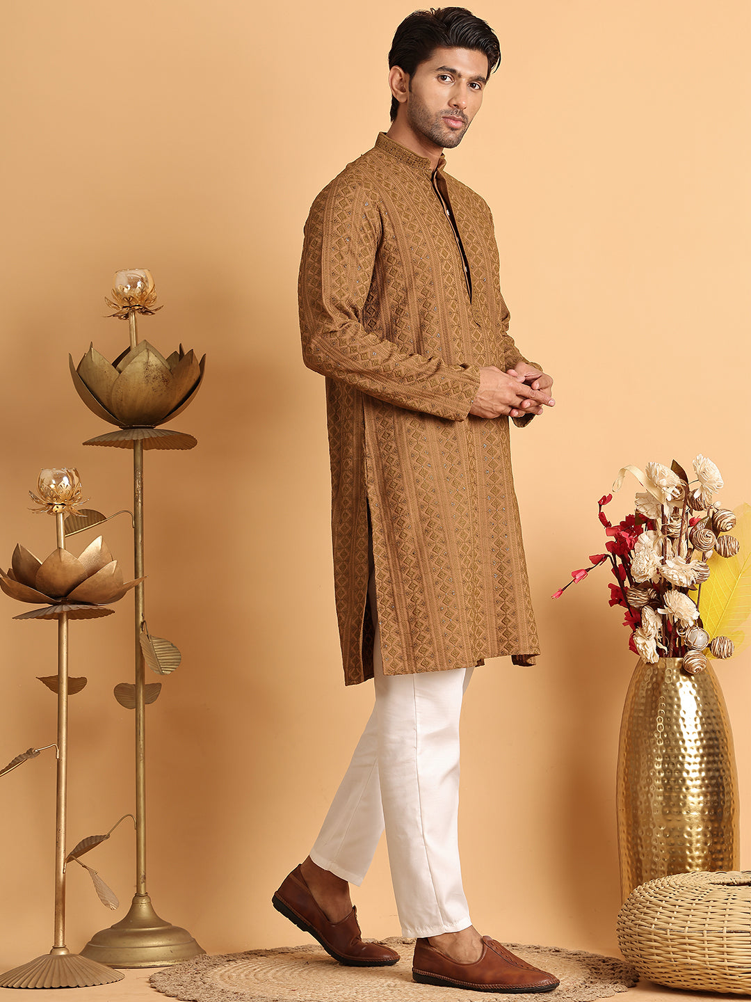 Embroidered & Sequins Straight Kurta Set For Men ( JOKP P 5116Brown )