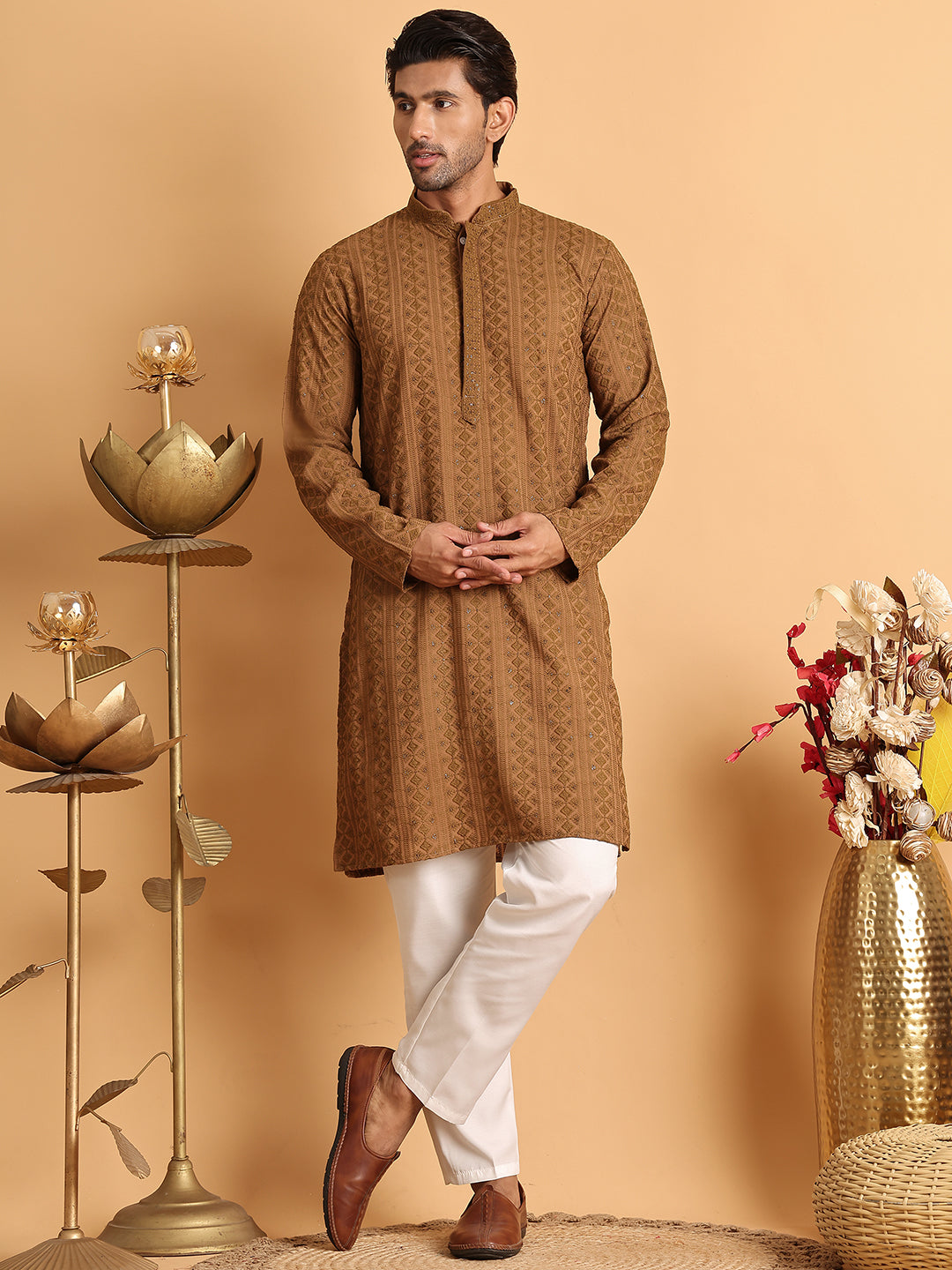 Embroidered & Sequins Straight Kurta Set For Men ( JOKP P 5116Brown )