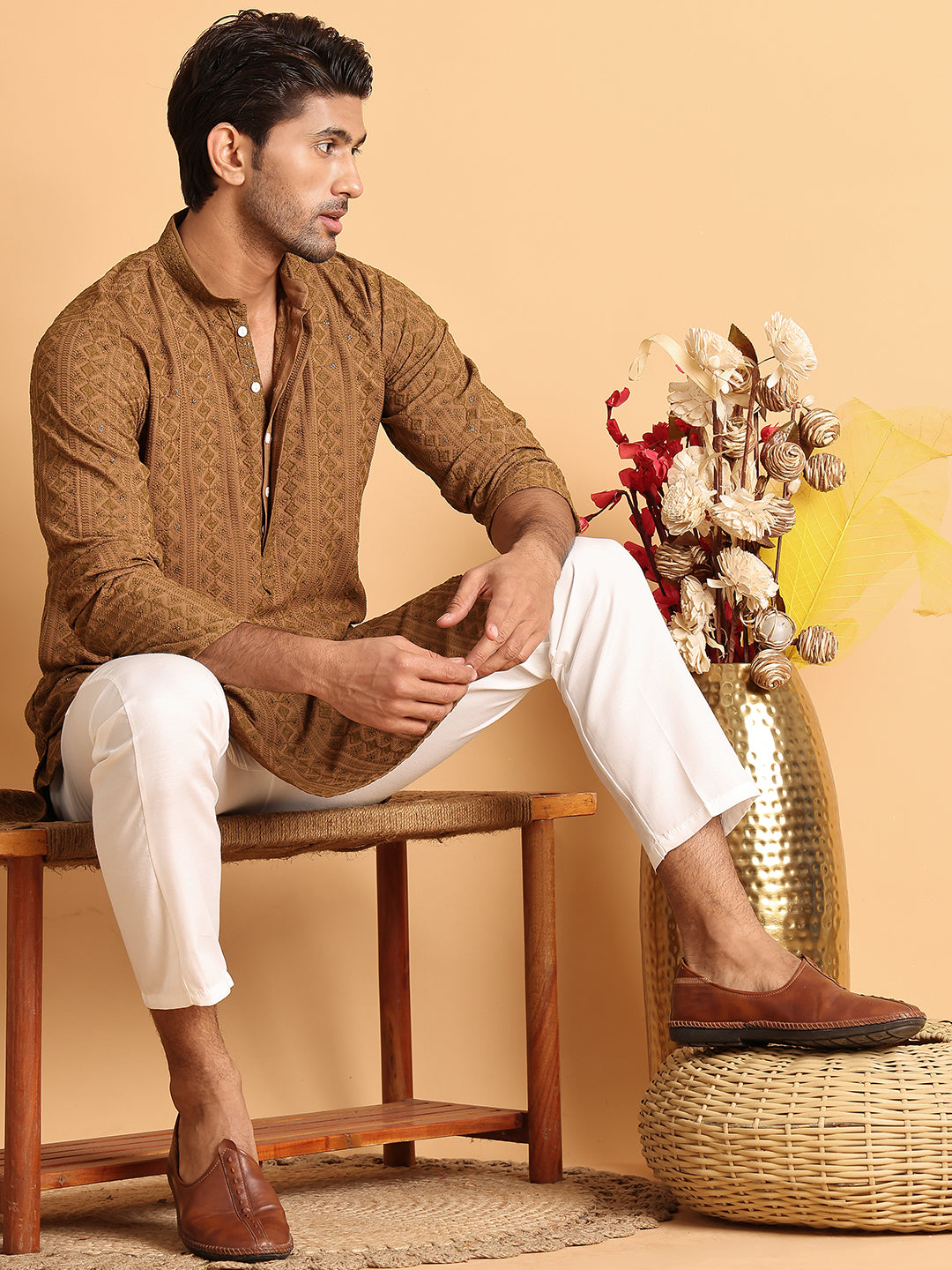 Embroidered & Sequins Straight Kurta Set For Men ( JOKP P 5116Brown )