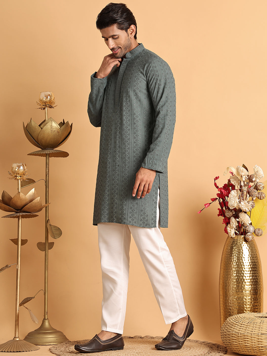 Embroidered & Sequins Straight Kurta Set For Men ( JOKP P 5116Grey )