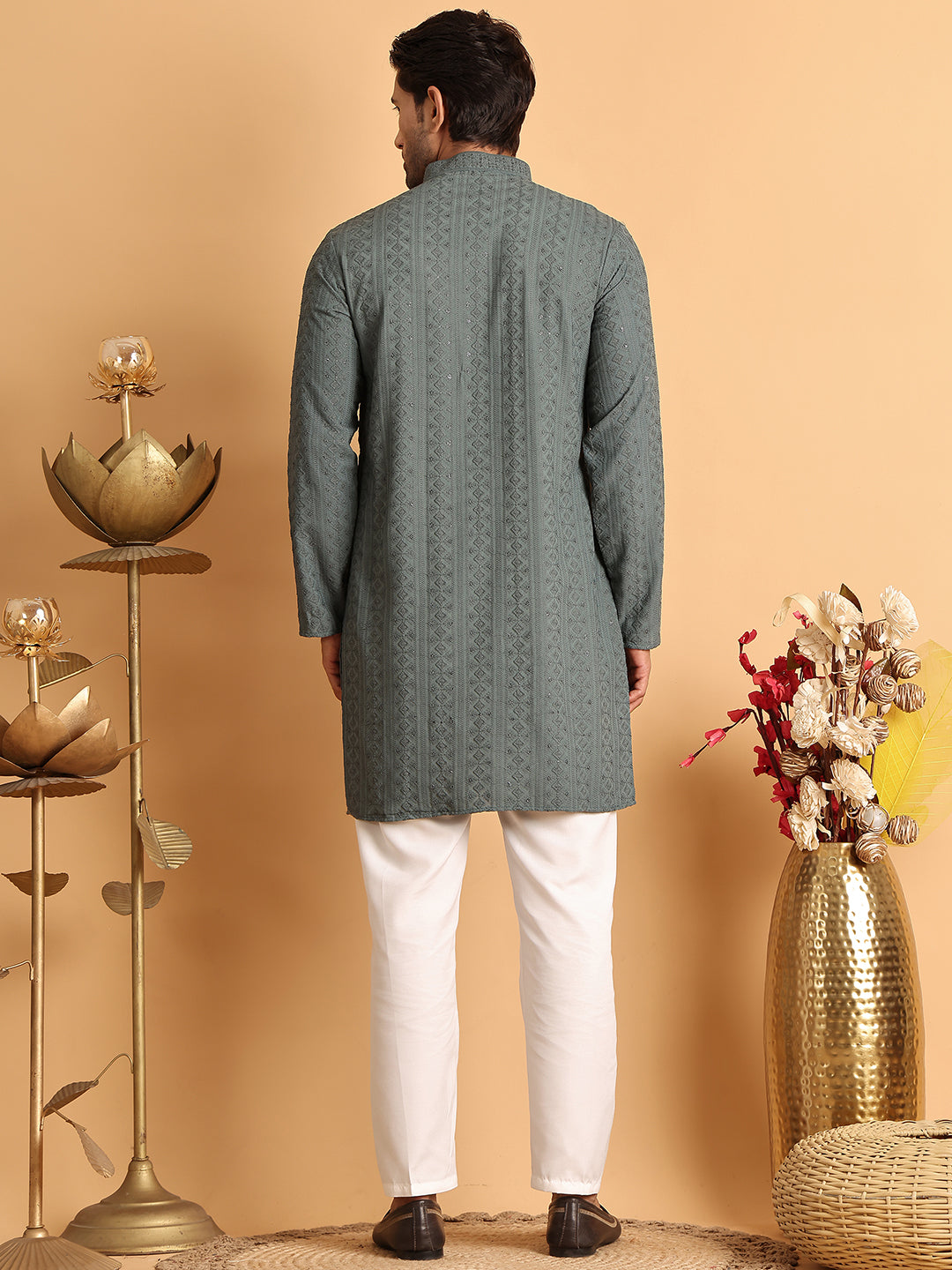 Embroidered & Sequins Straight Kurta Set For Men ( JOKP P 5116Grey )