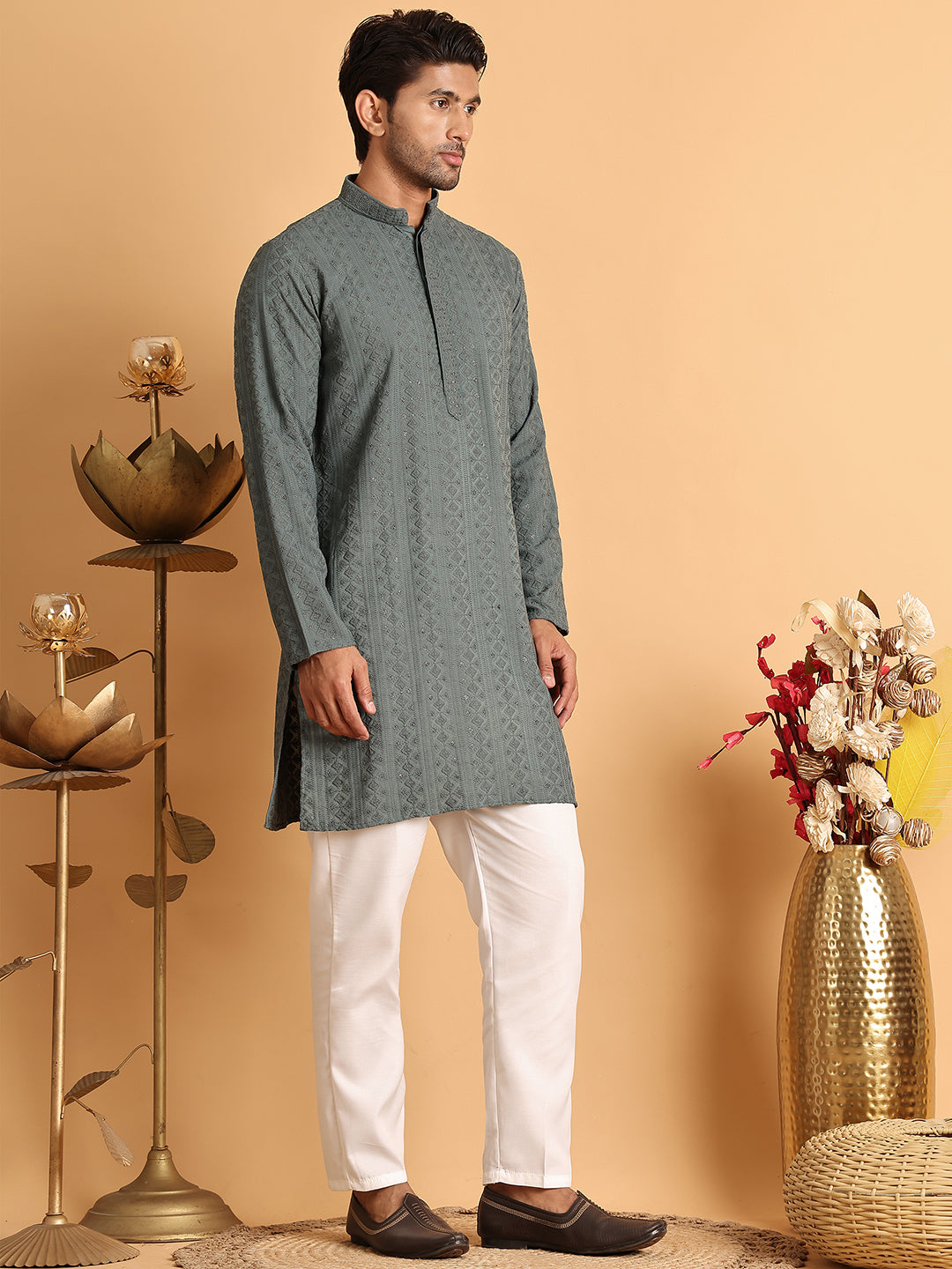 Embroidered & Sequins Straight Kurta Set For Men ( JOKP P 5116Grey )