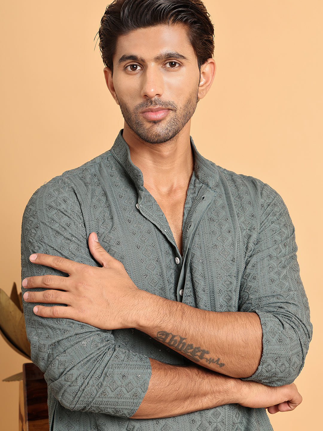 Embroidered & Sequins Straight Kurta Set For Men ( JOKP P 5116Grey )