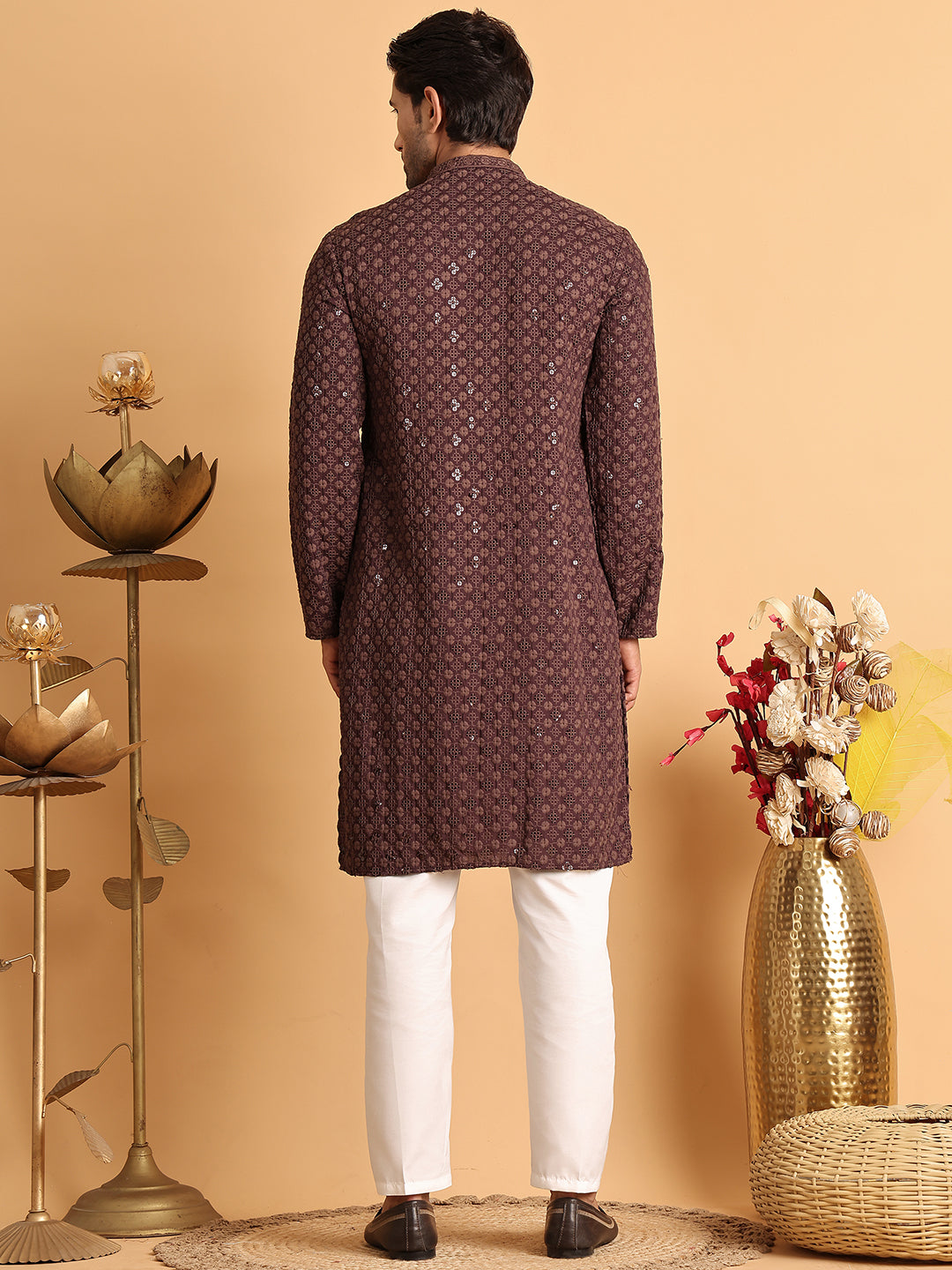 Embroidered & Sequins Straight Kurta Set For Men ( JOKP P 5117Coffee ) [FF] [O-19]