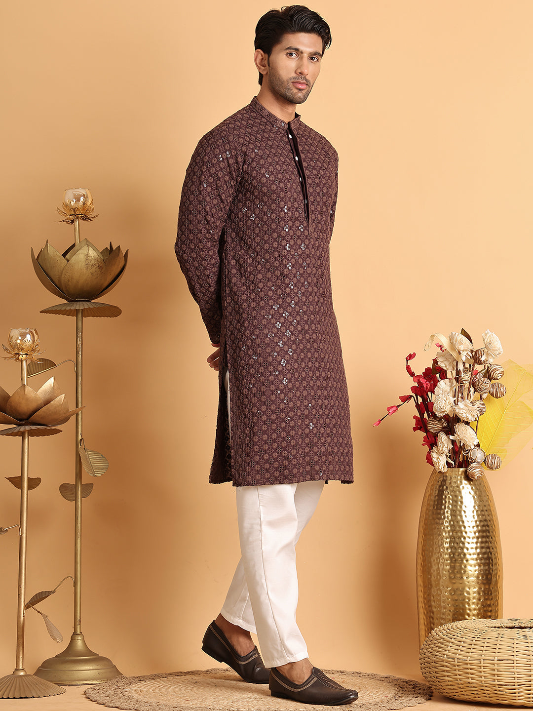 Embroidered & Sequins Straight Kurta Set For Men ( JOKP P 5117Coffee ) [FF] [O-19]