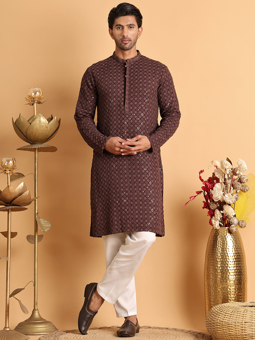 Embroidered & Sequins Straight Kurta Set For Men ( JOKP P 5117Coffee ) [FF] [O-19]
