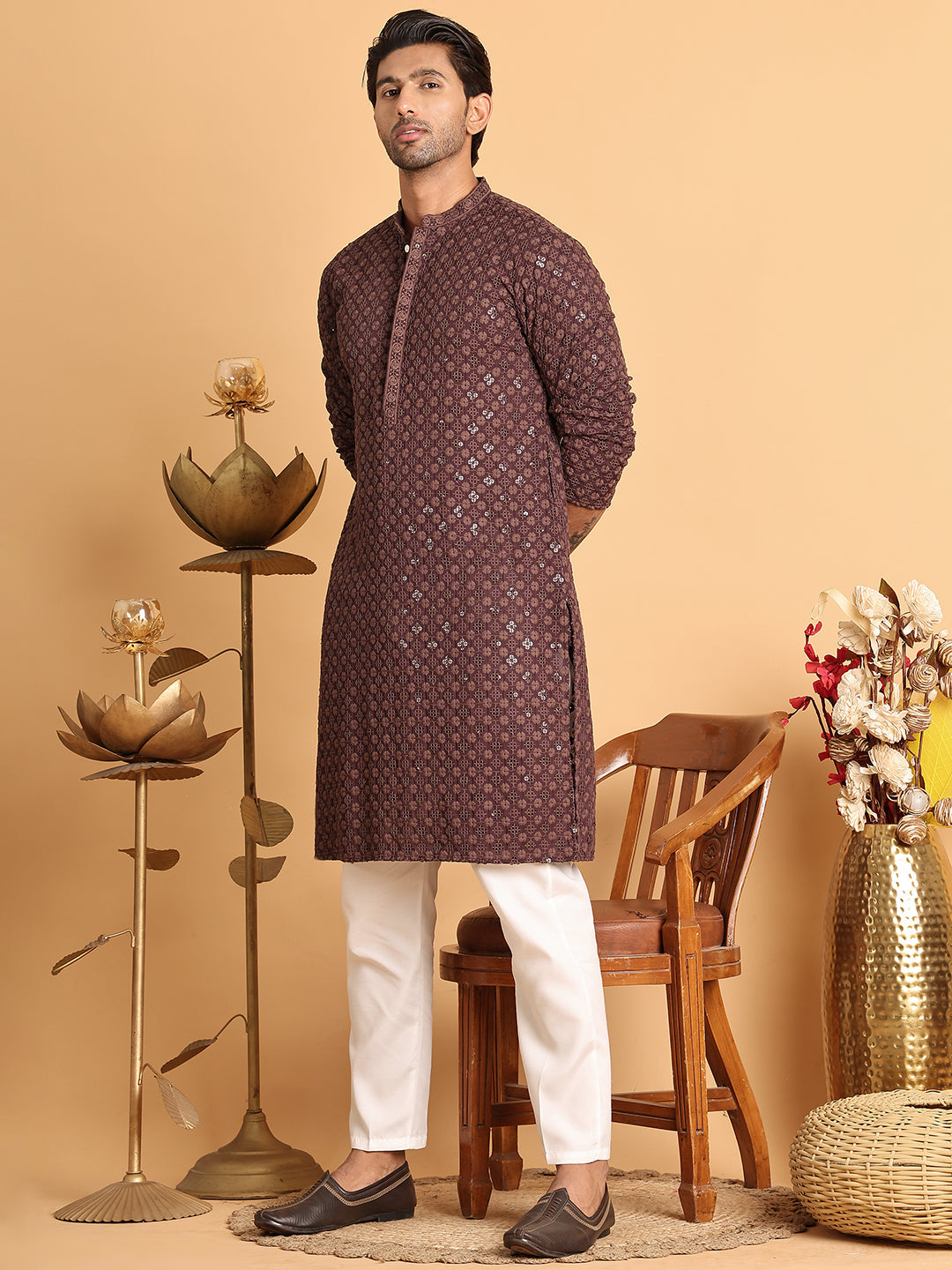 Embroidered & Sequins Straight Kurta Set For Men ( JOKP P 5117Coffee ) [FF] [O-19]