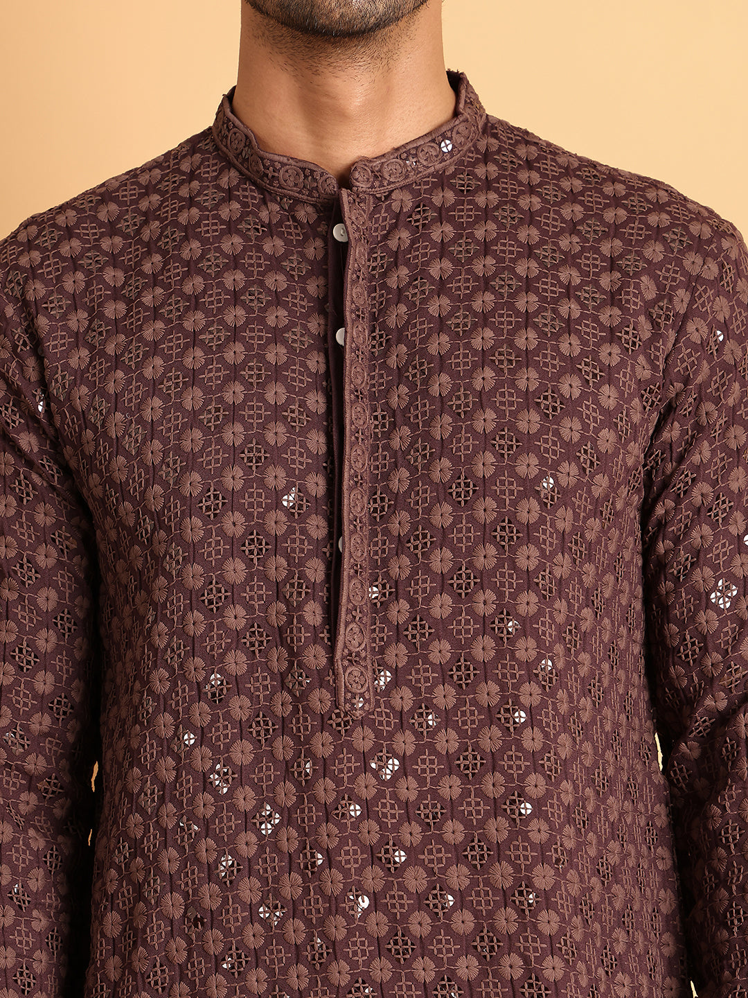 Embroidered & Sequins Straight Kurta Set For Men ( JOKP P 5117Coffee ) [FF] [O-19]