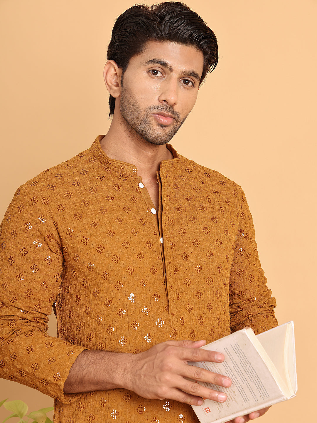 Embroidered & Sequins Straight Kurta Set For Men ( JOKP P 5117Mustard ) [FF] [O-19]