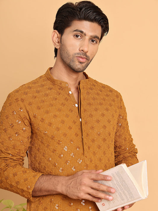 Embroidered & Sequins Straight Kurta Set For Men ( JOKP P 5117Mustard ) [FF] [O-19]