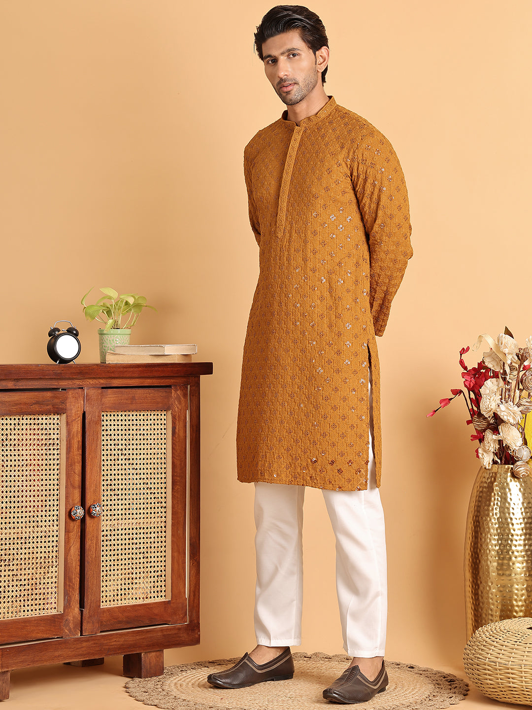 Embroidered & Sequins Straight Kurta Set For Men ( JOKP P 5117Mustard ) [FF] [O-19]