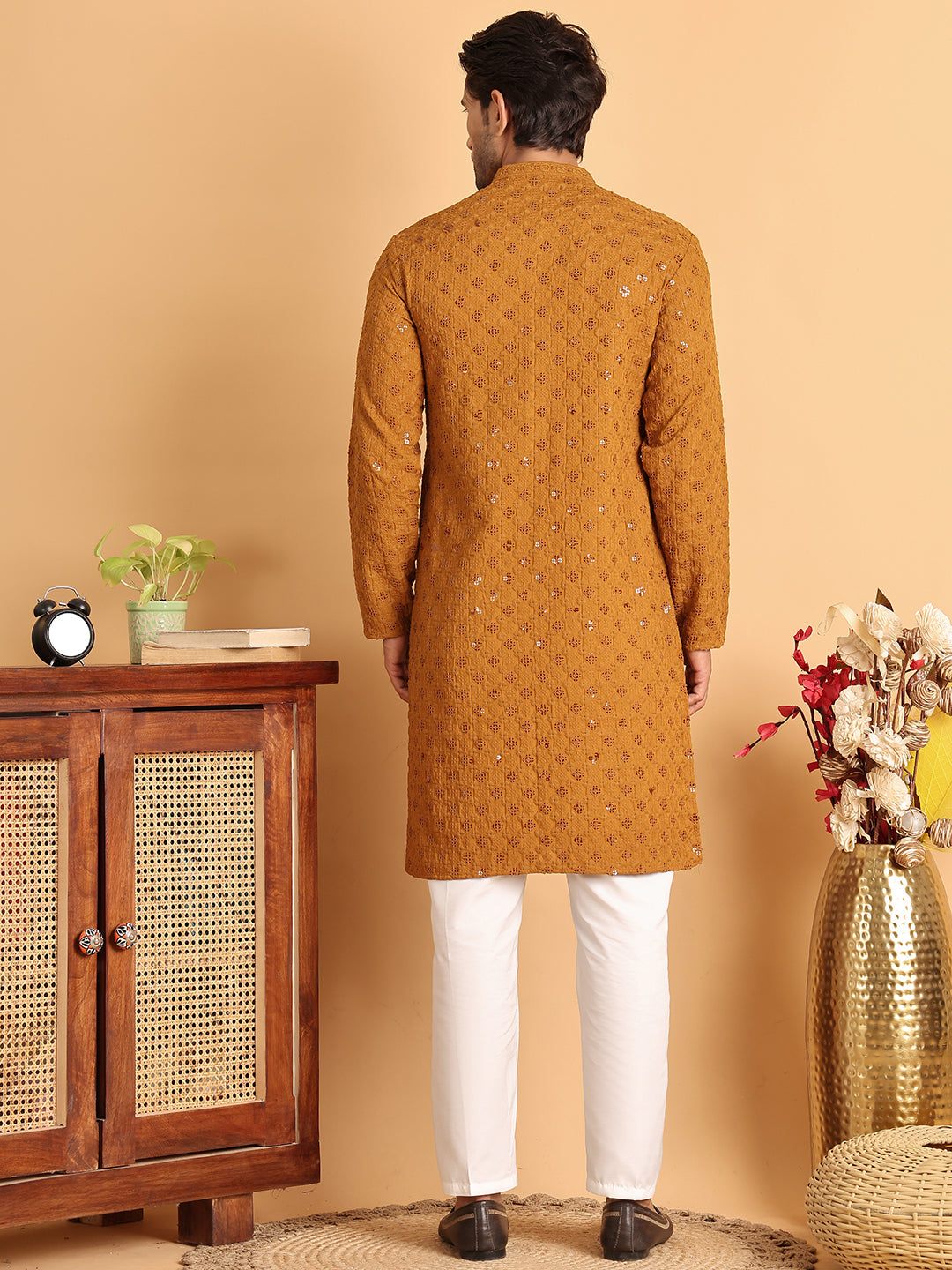 Embroidered & Sequins Straight Kurta Set For Men ( JOKP P 5117Mustard ) [FF] [O-19]