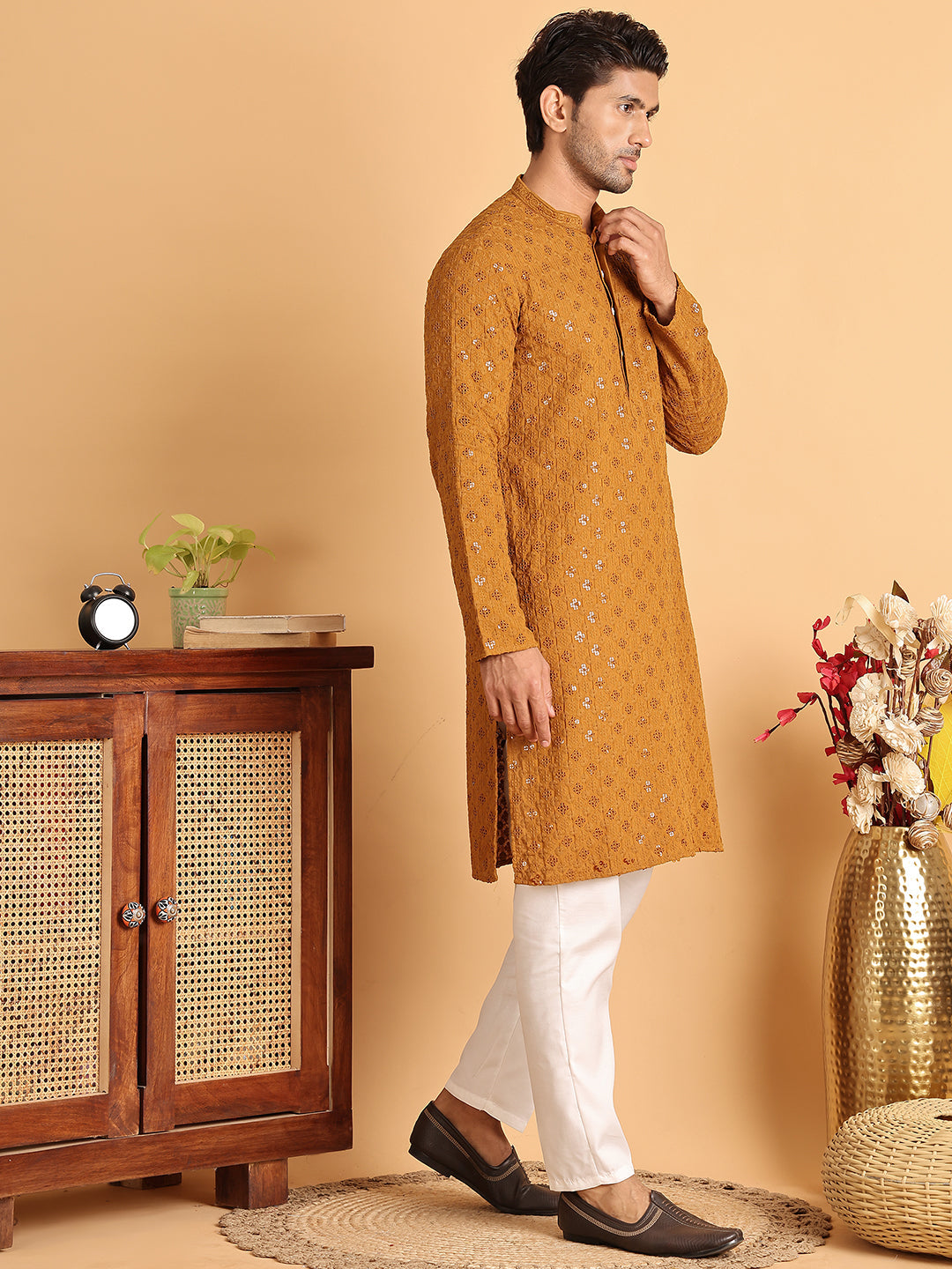 Embroidered & Sequins Straight Kurta Set For Men ( JOKP P 5117Mustard ) [FF] [O-19]