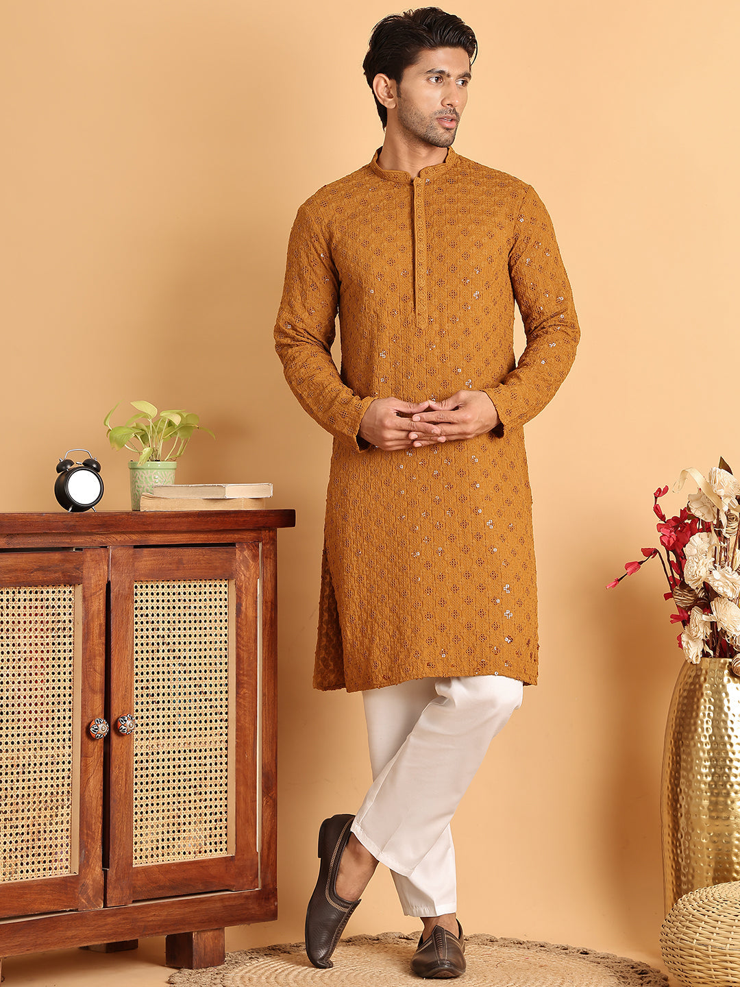 Embroidered & Sequins Straight Kurta Set For Men ( JOKP P 5117Mustard ) [FF] [O-19]