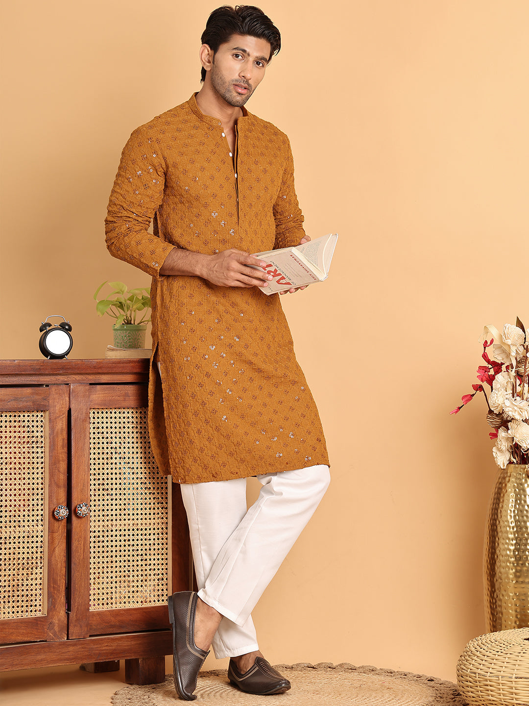 Embroidered & Sequins Straight Kurta Set For Men ( JOKP P 5117Mustard ) [FF] [O-19]