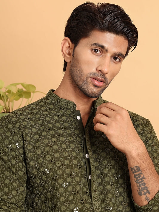 Embroidered & Sequins Straight Kurta Set For Men ( JOKP P 5117Olive ) [FF] [O-19]