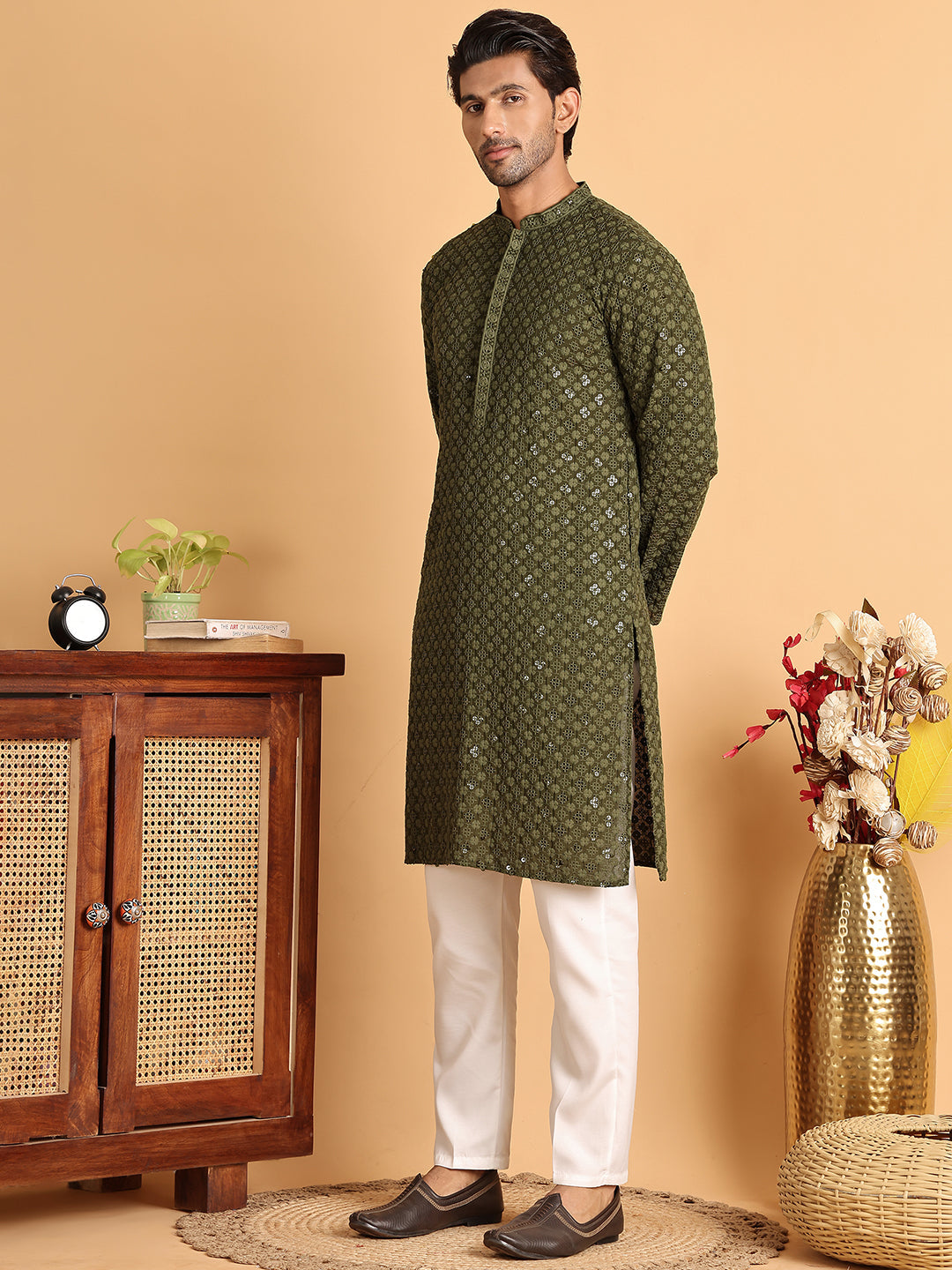 Embroidered & Sequins Straight Kurta Set For Men ( JOKP P 5117Olive ) [FF] [O-19]