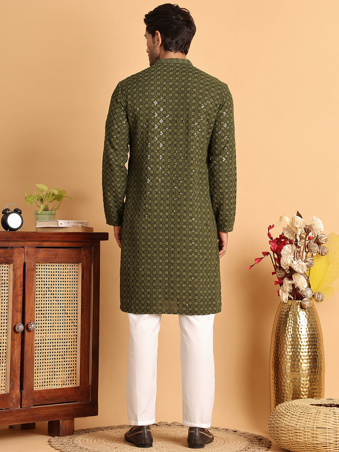 Embroidered & Sequins Straight Kurta Set For Men ( JOKP P 5117Olive ) [FF] [O-19]
