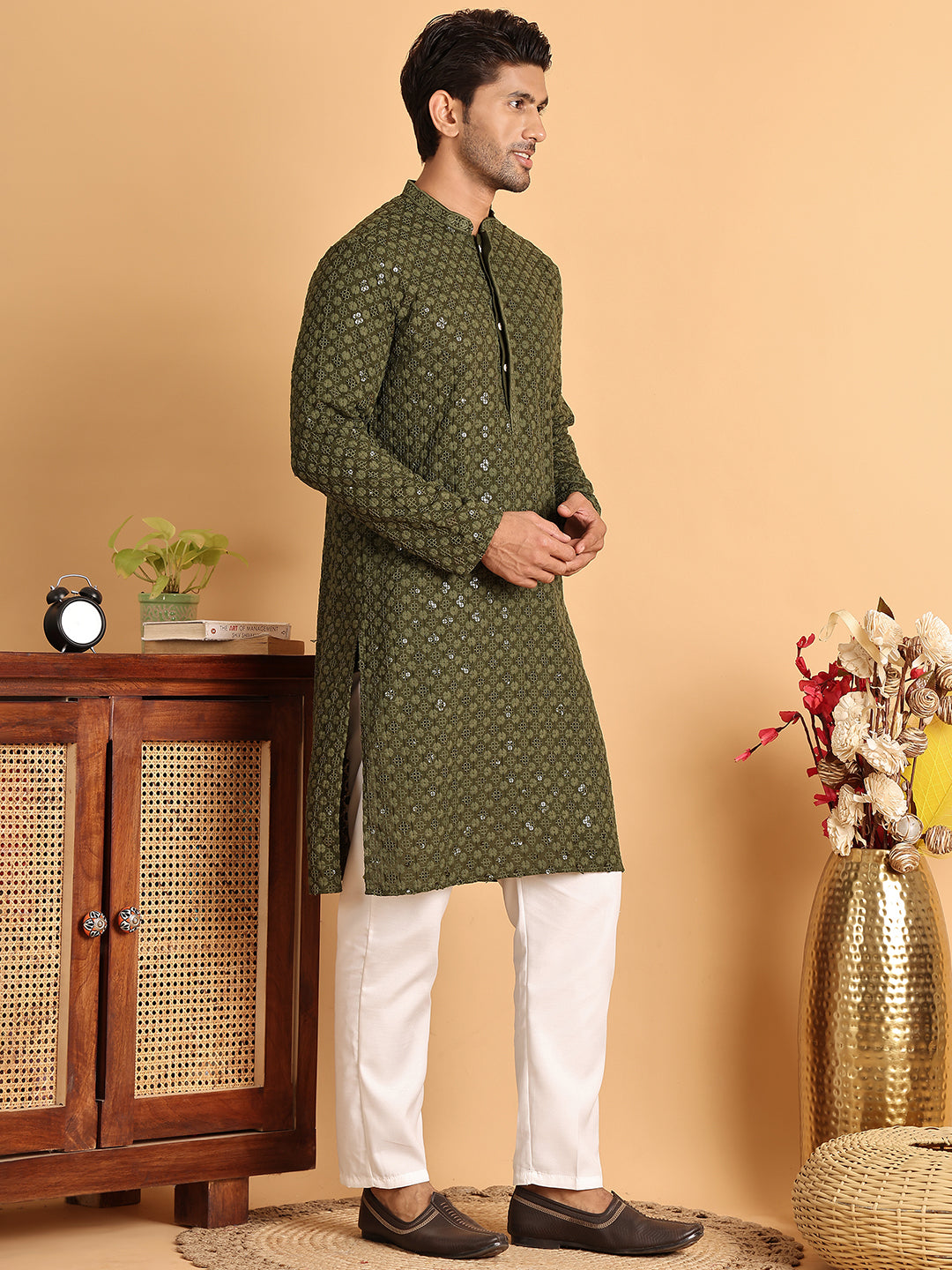 Embroidered & Sequins Straight Kurta Set For Men ( JOKP P 5117Olive ) [FF] [O-19]