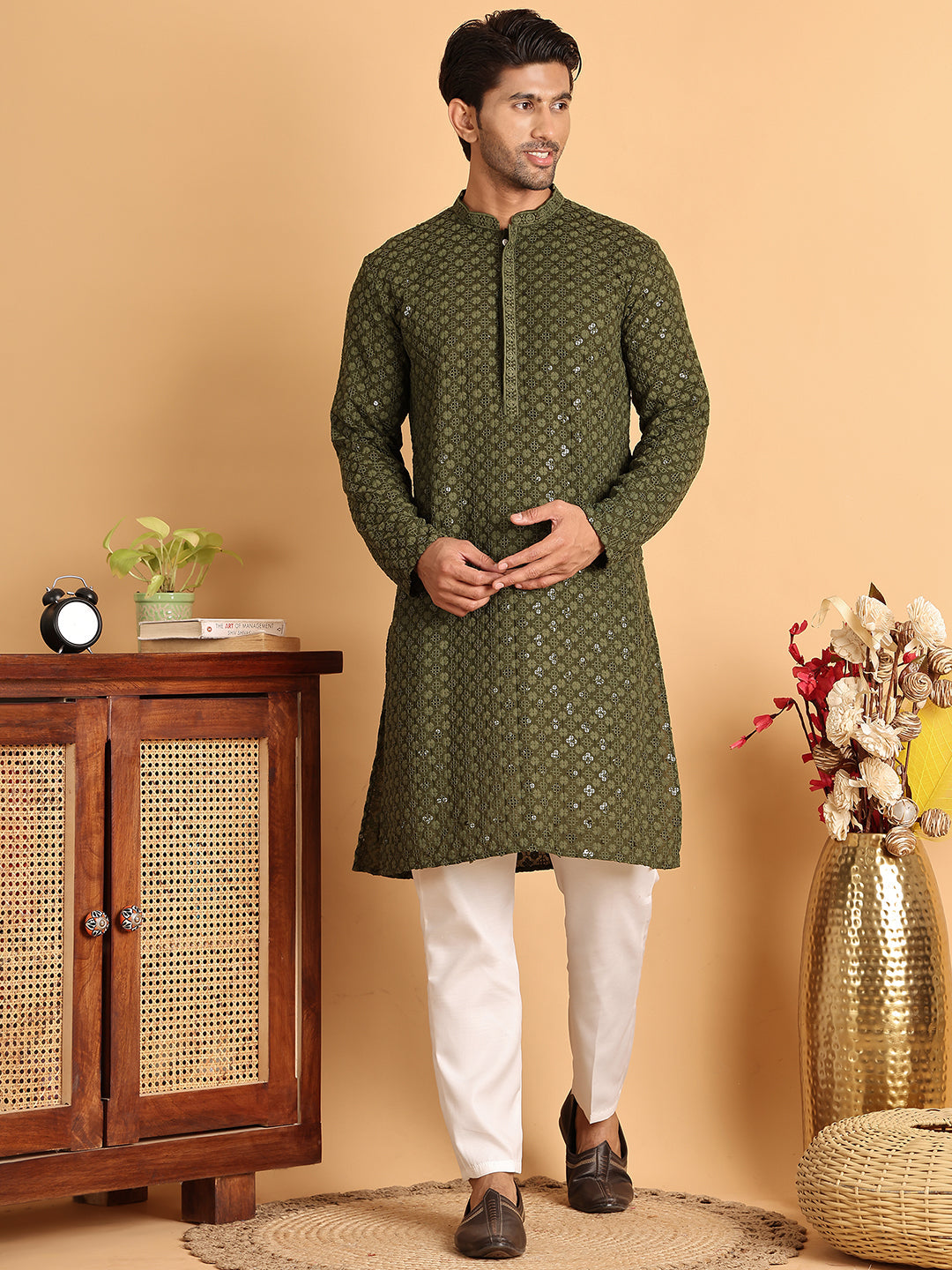 Embroidered & Sequins Straight Kurta Set For Men ( JOKP P 5117Olive ) [FF] [O-19]