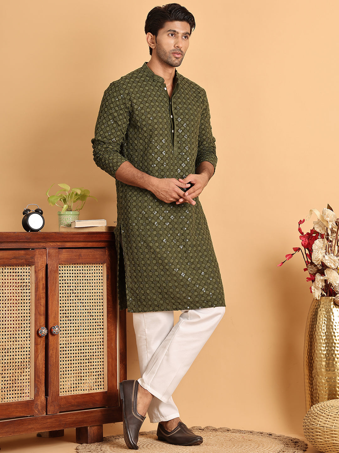 Embroidered & Sequins Straight Kurta Set For Men ( JOKP P 5117Olive ) [FF] [O-19]