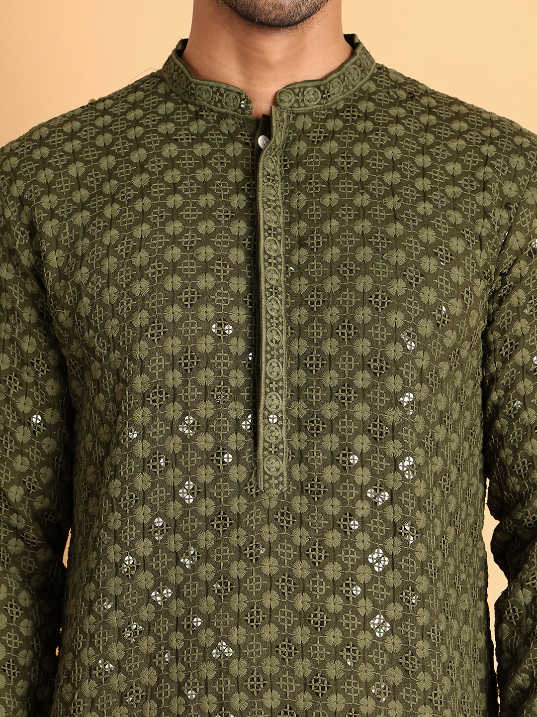Embroidered & Sequins Straight Kurta Set For Men ( JOKP P 5117Olive ) [FF] [O-19]