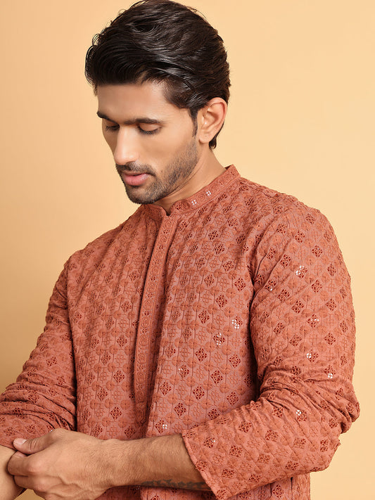 Embroidered & Sequins Straight Kurta Set For Men ( JOKP P 5117Rust )
